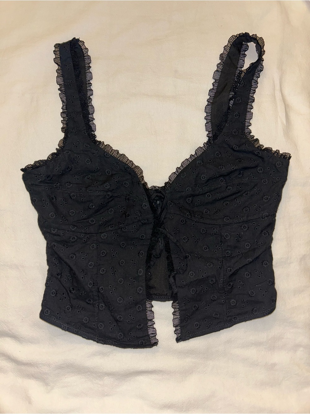 White Fox Boutique Black Eyelet Lace-Trim Tie-Front Cropped Cami